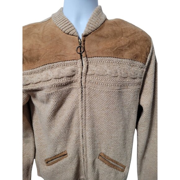 Vintage 1960's Cardigan Mens S/M Full Zip Cardigan Pockets Suede Yoke Tan Brown - Picture 2 of 12